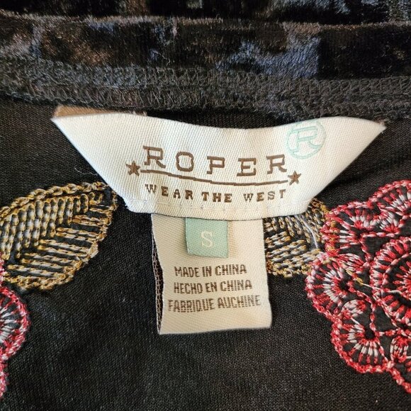 Roper Floral Embroidered Black Crushed Velvet Sharkbite Hem Western Dress S - Picture 6 of 11